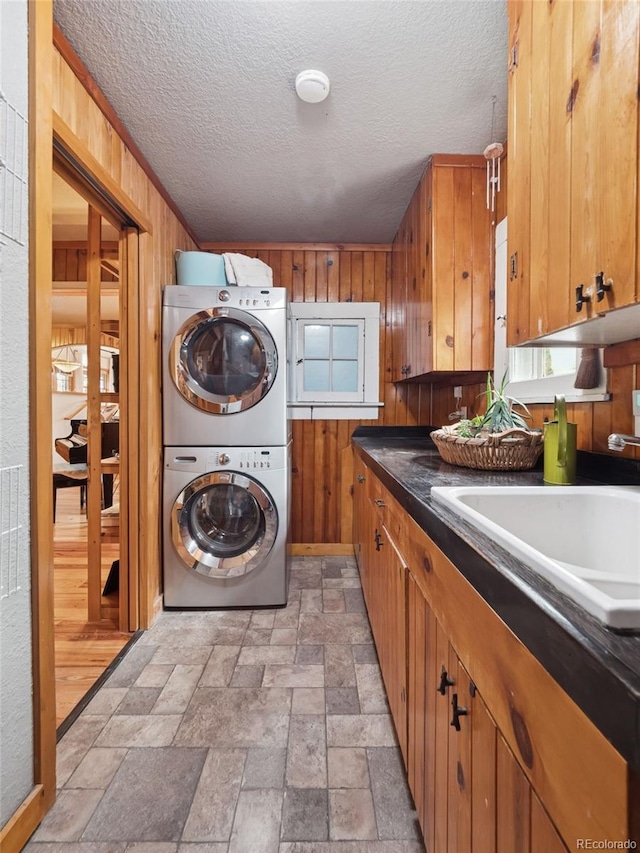 27905 Mariposa Rd, Evergreen, CO 80439 - washroom featuring a sink, wood walls, stacked washer and dryer, and cabinet space