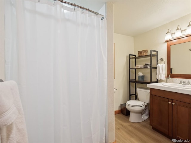 27905 Mariposa Rd, Evergreen, CO 80439 - bathroom with vanity, curtained shower, toilet, and wood finished floors