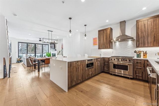 kitchen featuring tasteful backsplash, light hardwood / wood-style flooring, hanging light fixtures, appliances with stainless steel finishes, and wall chimney range hood