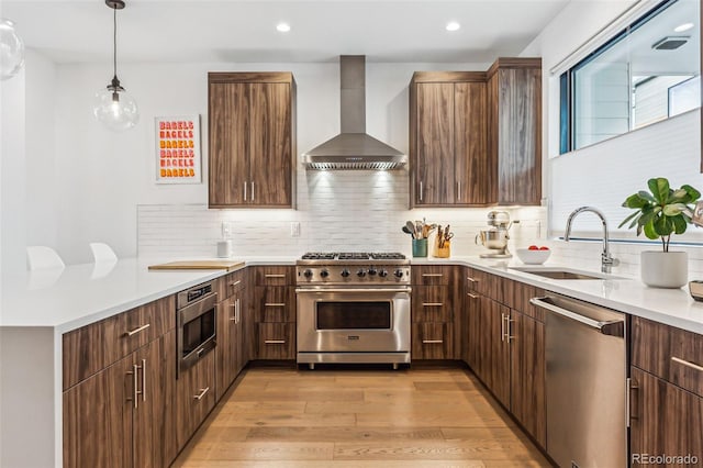 kitchen with wall chimney exhaust hood, sink, light wood-type flooring, pendant lighting, and stainless steel appliances