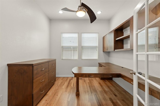 2423 Delicato Ct, Colorado Springs, CO 80921 - home office featuring ceiling fan, light wood-type flooring, baseboards, and recessed lighting
