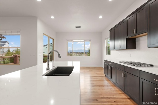 2423 Delicato Ct, Colorado Springs, CO 80921 - kitchen with a sink, stainless steel gas stovetop, recessed lighting, light wood-style floors, and light countertops