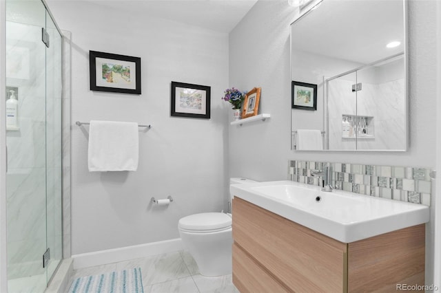 5984 S Paris Pl, Greenwood Village, CO 80111 - bathroom with vanity, a marble finish shower, marble finish floors, and tasteful backsplash