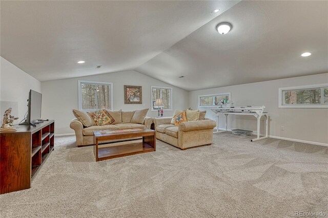 18470 Canterbury Dr, Monument, CO 80132 - living room with lofted ceiling, carpet flooring, and recessed lighting