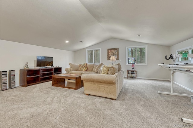 18470 Canterbury Dr, Monument, CO 80132 - living area with carpet flooring, lofted ceiling, and healthy amount of natural light