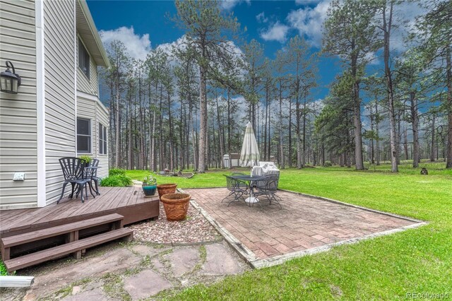 18470 Canterbury Dr, Monument, CO 80132 - view of green lawn with a wooden deck and a patio