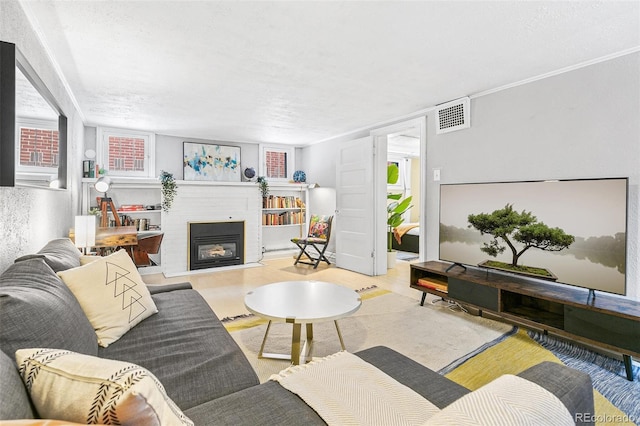 living room with crown molding