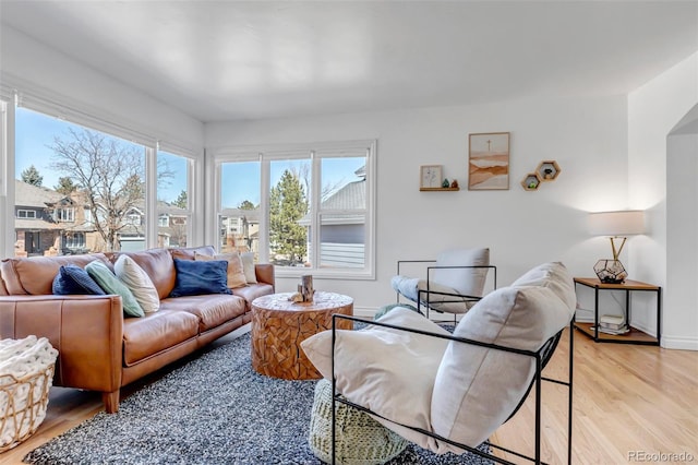 living room with light wood-type flooring and baseboards