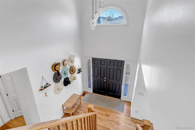 foyer with a high ceiling, wood finished floors, and baseboards