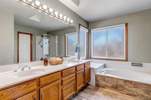 full bathroom featuring a shower stall, a garden tub, double vanity, and a sink