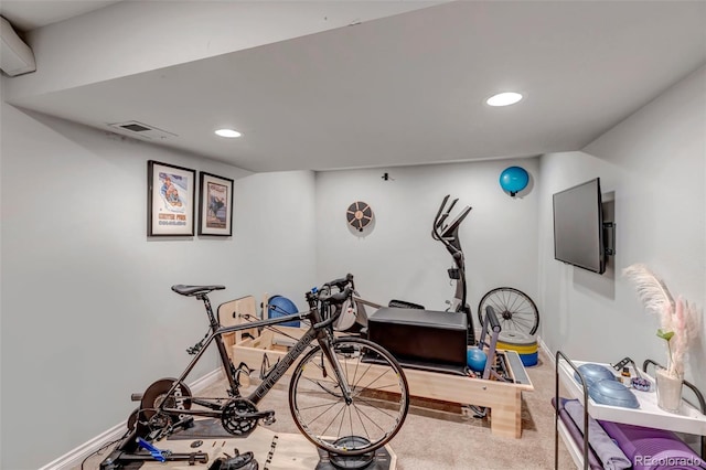 exercise room featuring recessed lighting, carpet flooring, baseboards, and visible vents