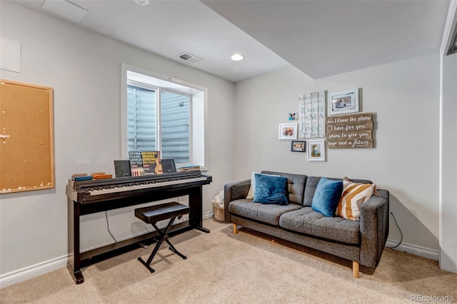 interior space featuring visible vents, carpet floors, and baseboards