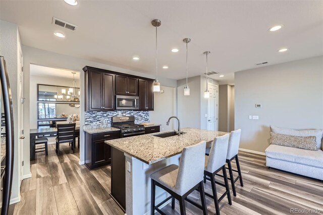 kitchen with stainless steel appliances, a sink, visible vents, dark brown cabinets, and backsplash