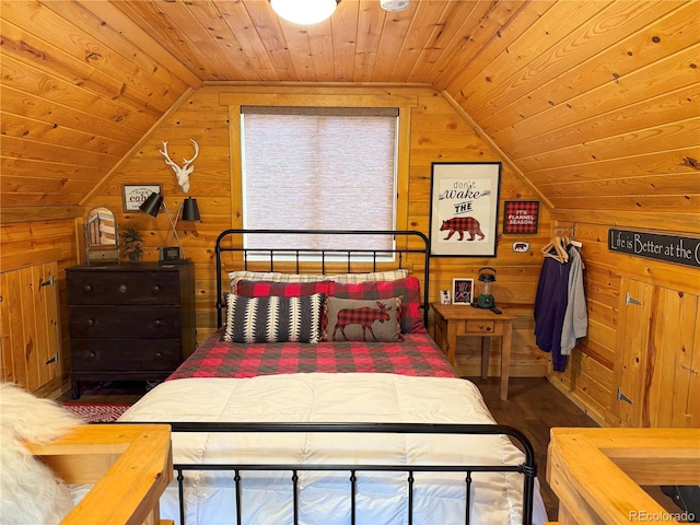 179 Mountain Vis, Como, CO 80432 - bedroom featuring wooden ceiling, wooden walls, vaulted ceiling, and wood finished floors