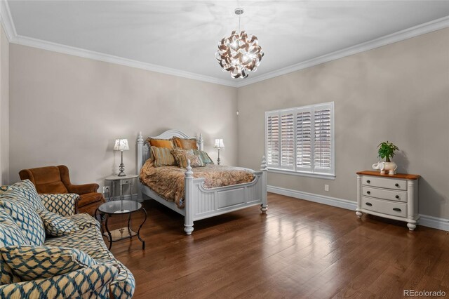 1160 Monaco Pkwy, Denver, CO 80220 - bedroom featuring a chandelier, wood finished floors, and crown molding