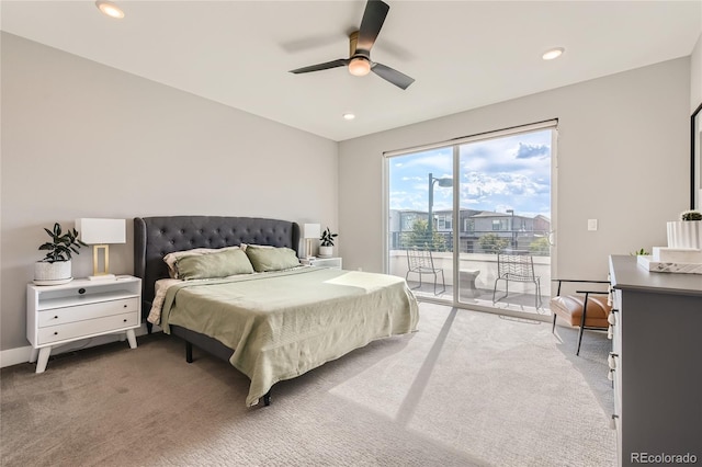 bedroom featuring baseboards, a ceiling fan, light colored carpet, access to exterior, and recessed lighting