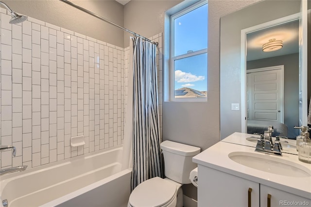 full bath featuring toilet, shower / bath combination with curtain, and vanity