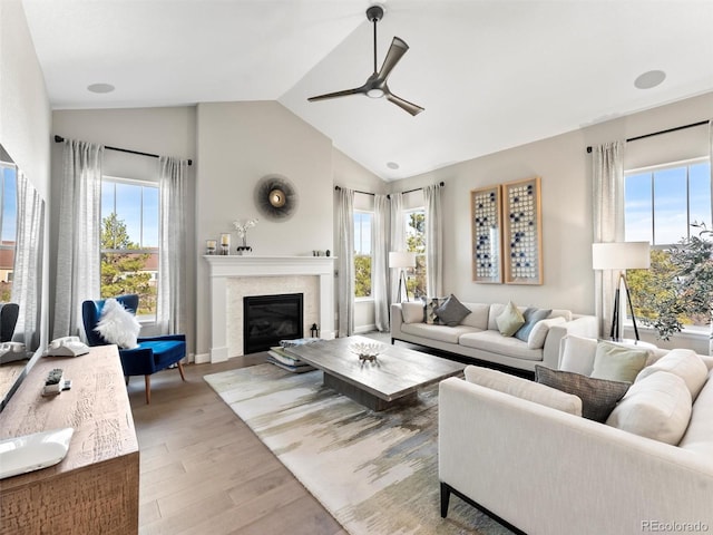 living room featuring a glass covered fireplace, a healthy amount of sunlight, lofted ceiling, and light wood-style floors