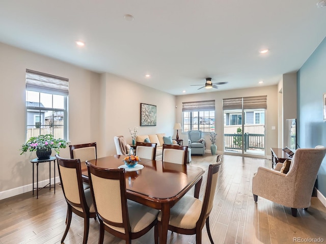 dining area with recessed lighting, light wood-type flooring, baseboards, and ceiling fan