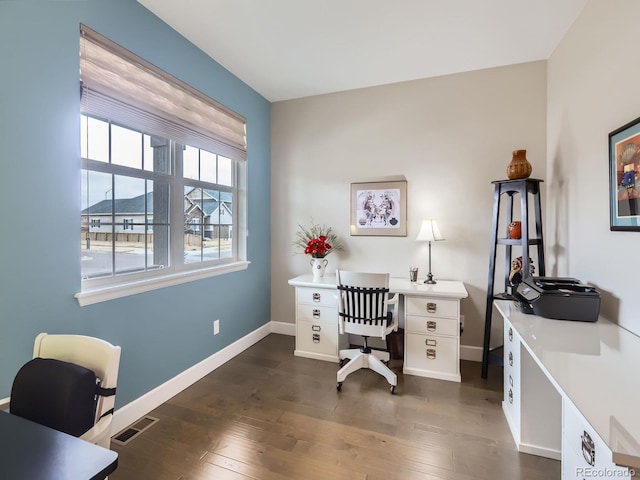 office space with visible vents, baseboards, and dark wood-style floors