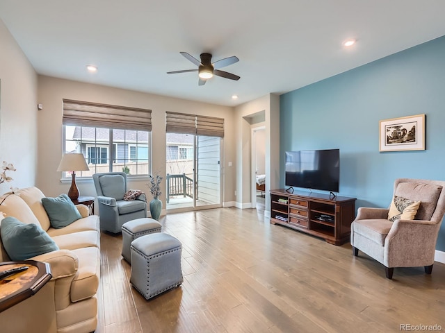 living room with ceiling fan, baseboards, wood finished floors, and recessed lighting