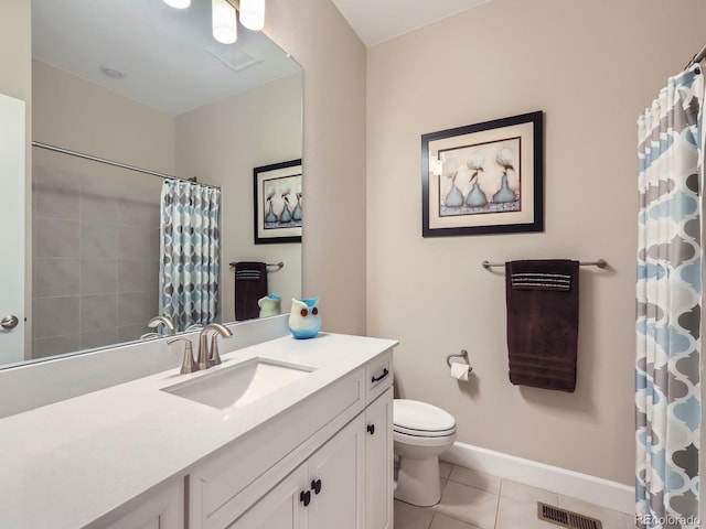 full bath featuring visible vents, toilet, tile patterned flooring, baseboards, and vanity