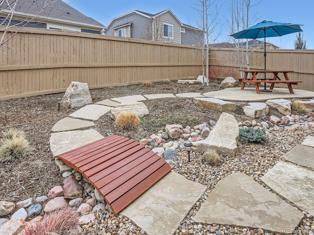 view of yard featuring a patio and a fenced backyard