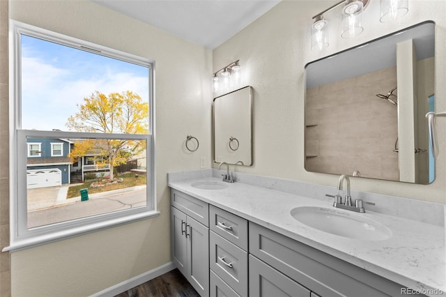 bathroom with vanity, hardwood / wood-style flooring, and plenty of natural light