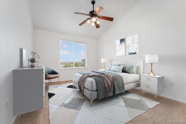 5255 Memphis St Unit 219, Denver, CO 80239 - bedroom with light colored carpet, high vaulted ceiling, and ceiling fan