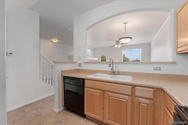 5255 Memphis St Unit 219, Denver, CO 80239 - kitchen with black dishwasher, light brown cabinets, ceiling fan, and light countertops