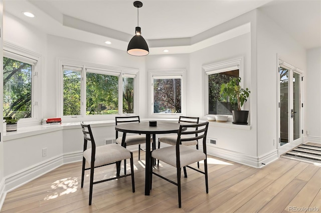 dining room with a raised ceiling and light wood-type flooring