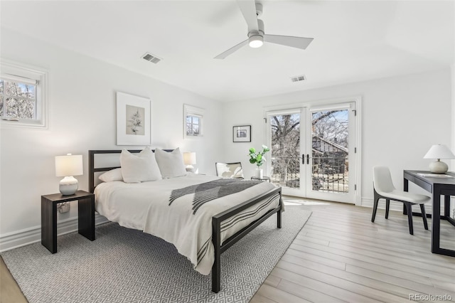 bedroom with access to outside, light wood-style flooring, visible vents, and french doors