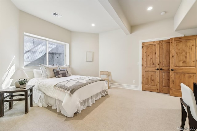 bedroom featuring beamed ceiling, visible vents, recessed lighting, baseboards, and light colored carpet