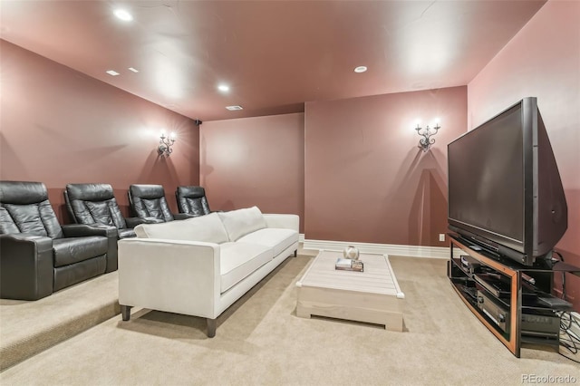 carpeted cinema with visible vents, recessed lighting, and baseboards