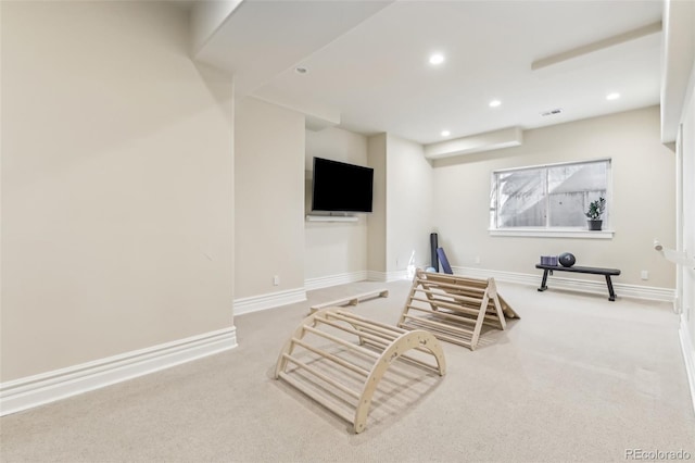 sitting room with visible vents, recessed lighting, baseboards, and carpet floors