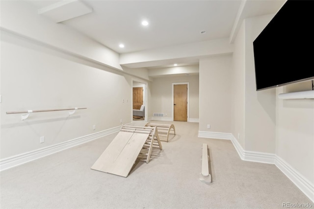 interior space with visible vents, recessed lighting, carpet, and baseboards