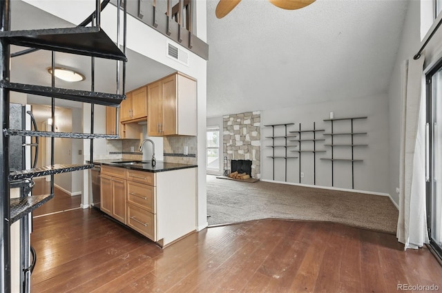 9797 E Peakview Ave Unit C10, Englewood, CO 80111 - kitchen with a sink, dark countertops, dark wood-style floors, a ceiling fan, and baseboards