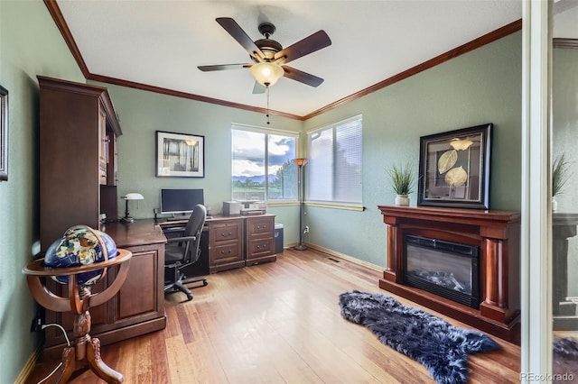 12693 W 82nd Ln, Arvada, CO 80005 - office featuring light wood-type flooring, ceiling fan, crown molding, a glass covered fireplace, and baseboards
