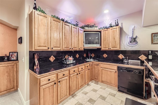 12693 W 82nd Ln, Arvada, CO 80005 - kitchen with dishwasher, dark countertops, decorative backsplash, and light brown cabinetry