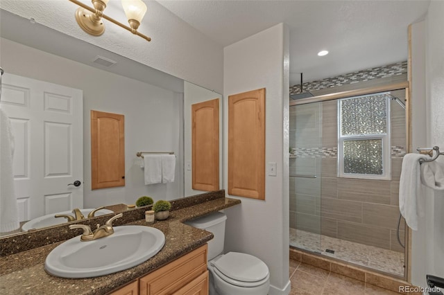 3182 Cimarron Pl, Superior, CO 80027 - full bathroom featuring tile patterned flooring, toilet, a stall shower, and vanity