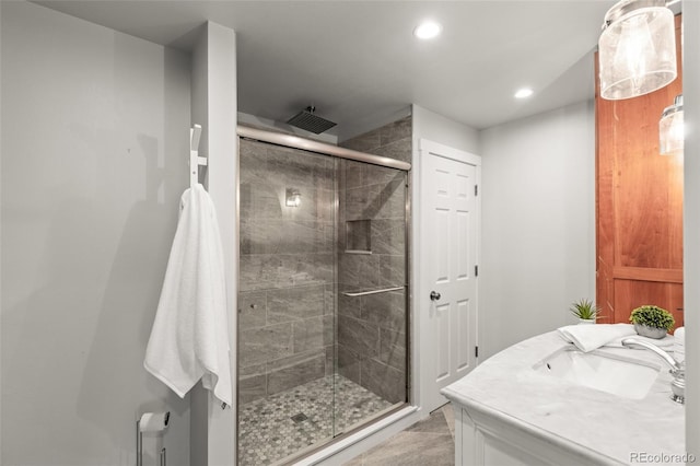 3182 Cimarron Pl, Superior, CO 80027 - full bathroom featuring recessed lighting, vanity, and a stall shower