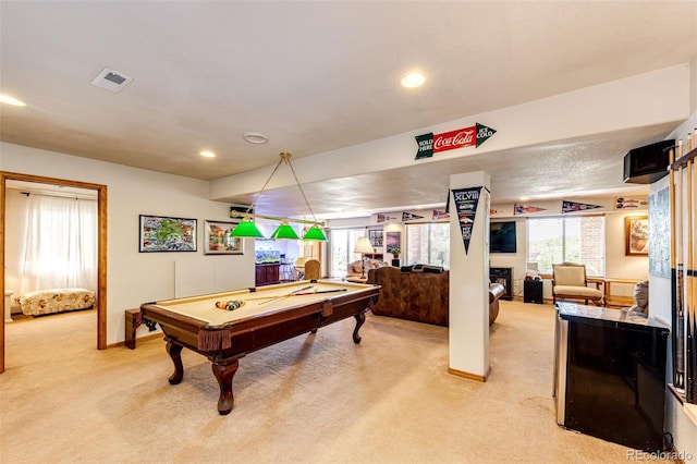1820 Sapling Ct, Castle Rock, CO 80109 - rec room with light carpet, billiards table, baseboards, and recessed lighting