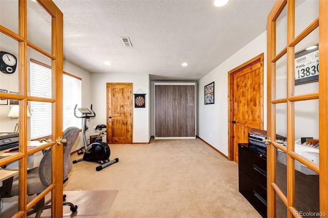 1820 Sapling Ct, Castle Rock, CO 80109 - exercise room featuring light carpet, a textured ceiling, baseboards, and recessed lighting