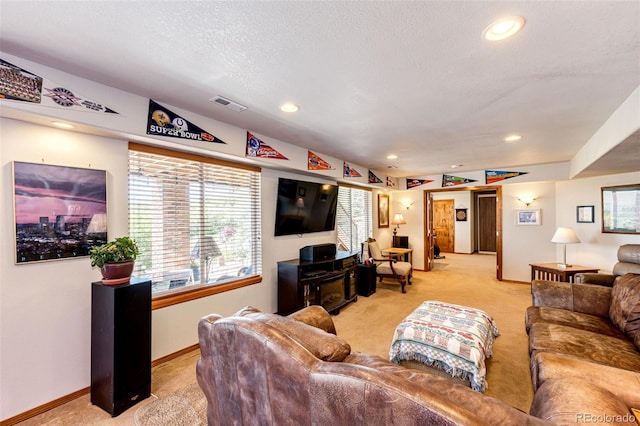 1820 Sapling Ct, Castle Rock, CO 80109 - living area featuring light carpet, recessed lighting, and a textured ceiling