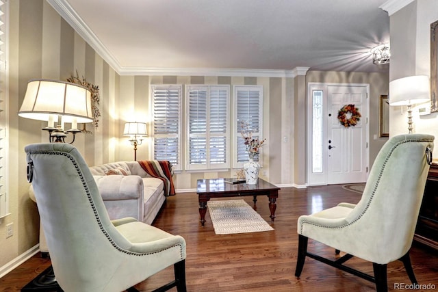 living room with ornamental molding and dark hardwood / wood-style flooring