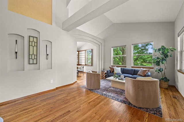 1190 W 11th Ct, Broomfield, CO 80020 - living area featuring wood finished floors, vaulted ceiling, and baseboards