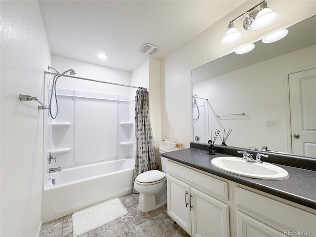 bathroom with shower / bath combination with curtain, toilet, visible vents, and vanity