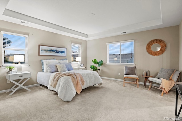 carpeted bedroom with a raised ceiling and multiple windows