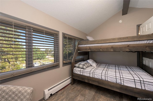 bedroom featuring multiple windows, a baseboard radiator, hardwood / wood-style flooring, and vaulted ceiling