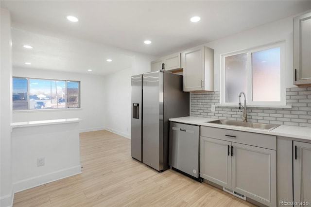 kitchen with sink, decorative backsplash, gray cabinets, appliances with stainless steel finishes, and light hardwood / wood-style floors